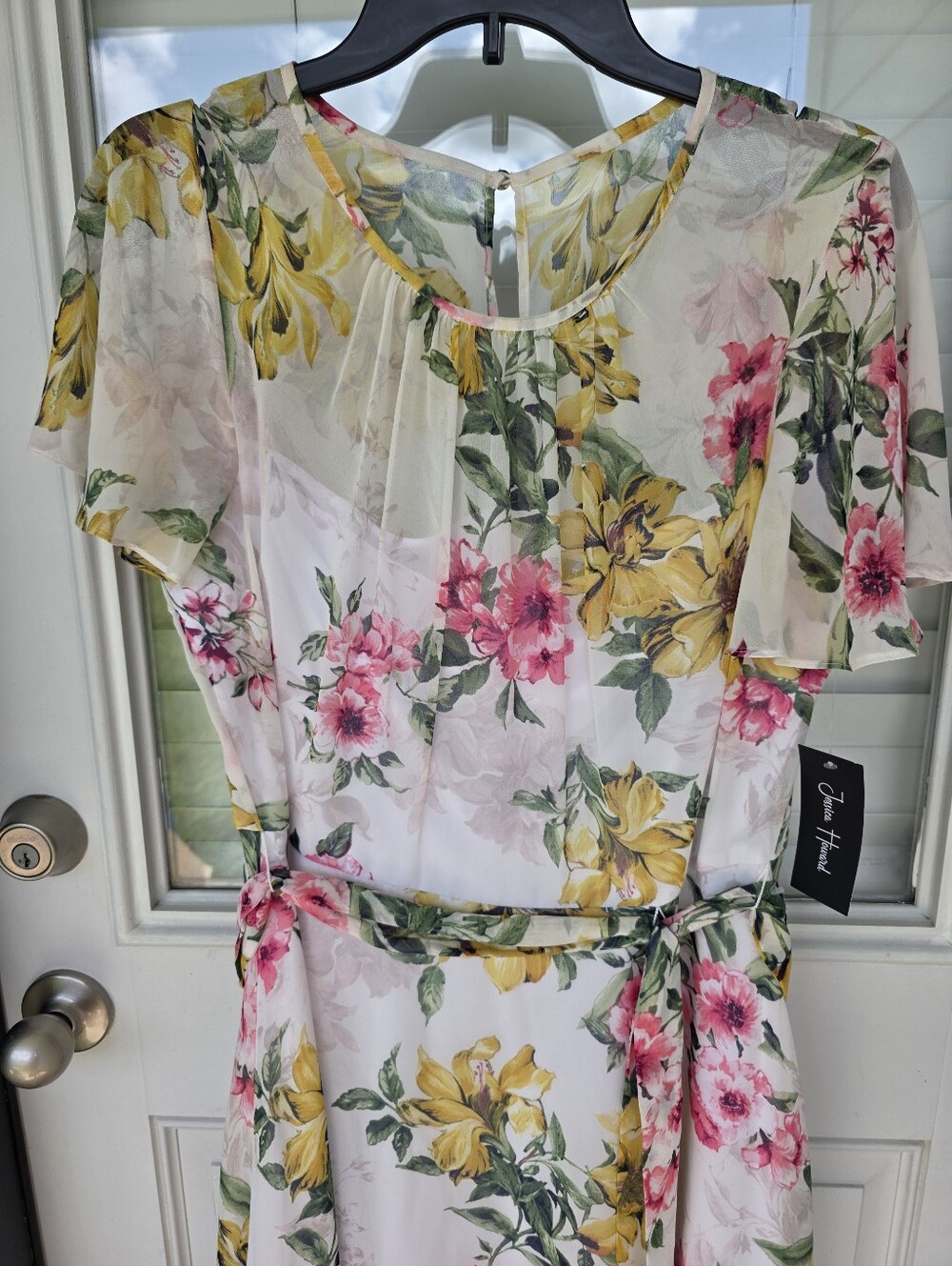 Jessica Howard Floral Midi Dress Sz 12 Pink Yellow Flutter Sleeve Belted Chiffon - Picture 3 of 11